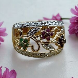 Sterling Silver Ring Gemstone Flowers size 8 Gold Over 925 Ruby Emerald Sapphire